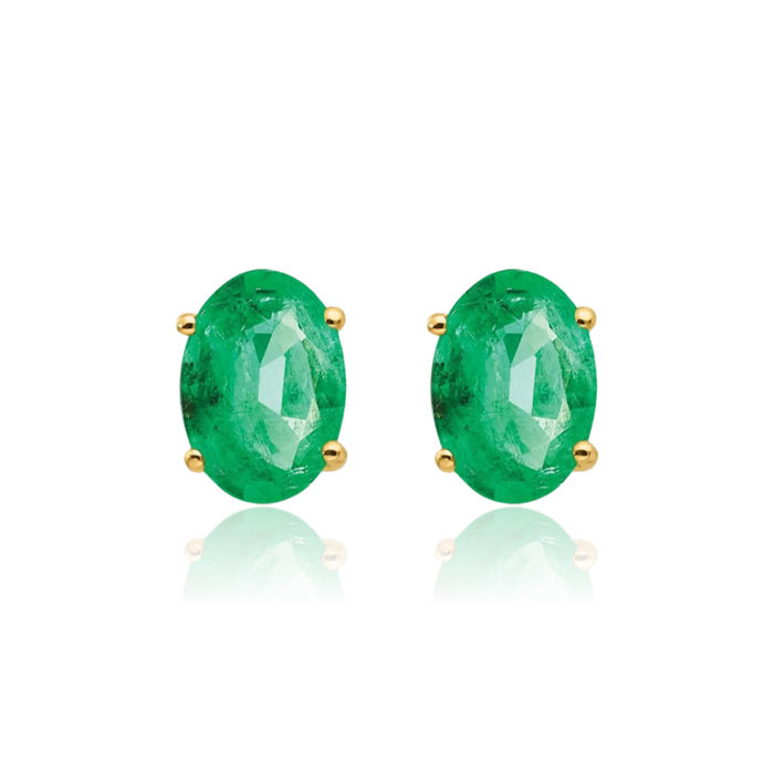 14K Solid Yellow Gold Green Emerald Studs Gemstone Solitaire Earrings May Birthstone Jewelry