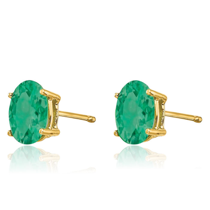 14K Solid Yellow Gold Green Emerald Studs Gemstone Solitaire Earrings May Birthstone Jewelry