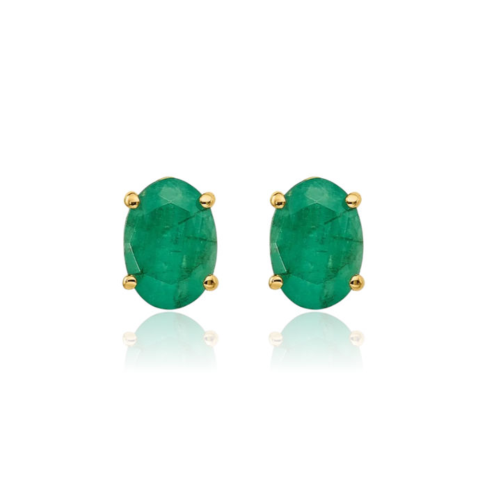 14K Solid Yellow Gold Green Emerald Studs Gemstone Earrings May Birthstone Jewelry