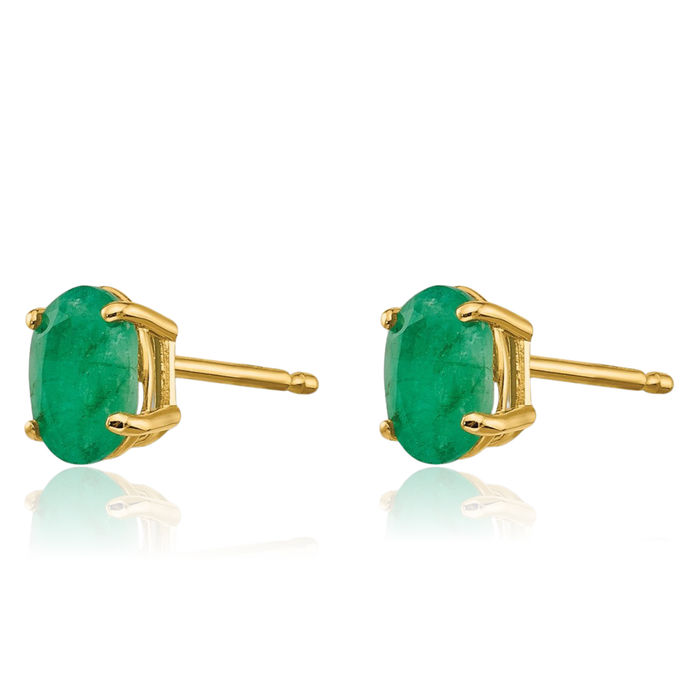 14K Solid Yellow Gold Green Emerald Studs Gemstone Earrings May Birthstone Jewelry