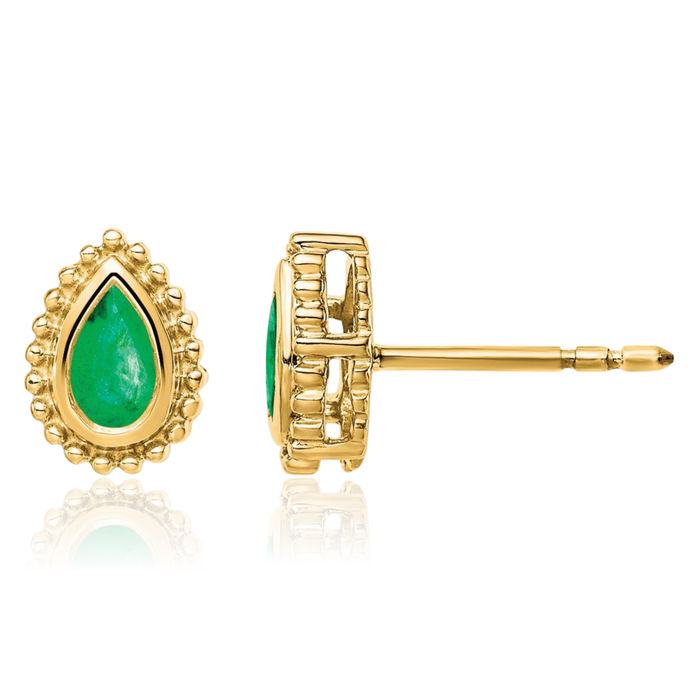 14K Solid Yellow Gold Green Emerald Studs Pear Teardrop Gemstone Earrings May Birthstone Jewelry