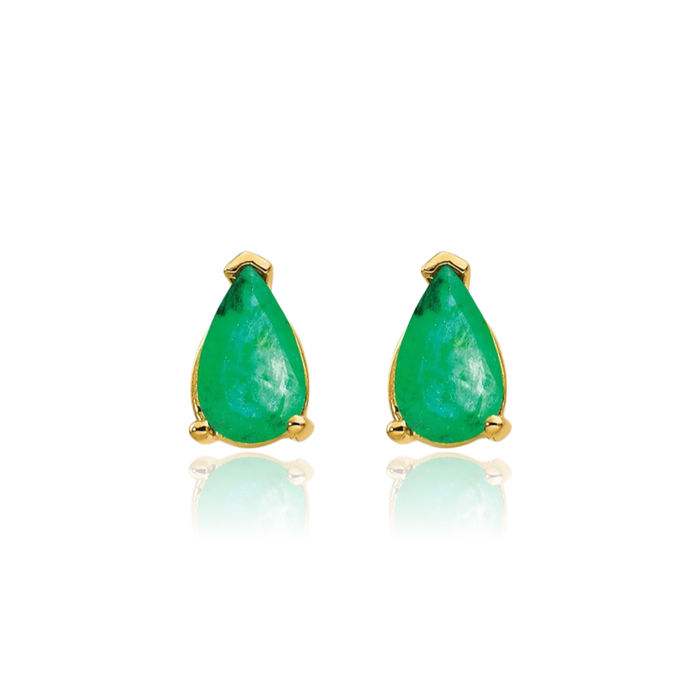 14K Solid Yellow Gold Green Emerald Studs Pear Teardrop Gemstone Solitaire Earrings May Birthstone Jewelry