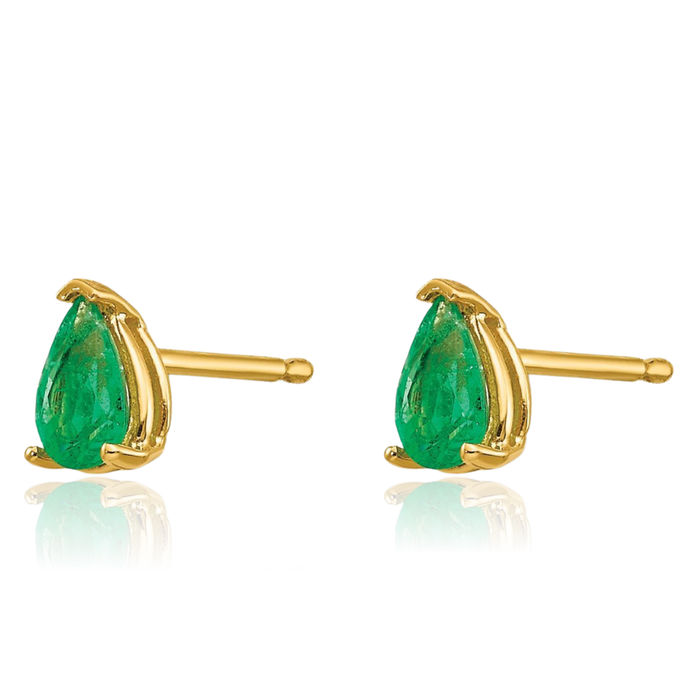 14K Solid Yellow Gold Green Emerald Studs Pear Teardrop Gemstone Solitaire Earrings May Birthstone Jewelry