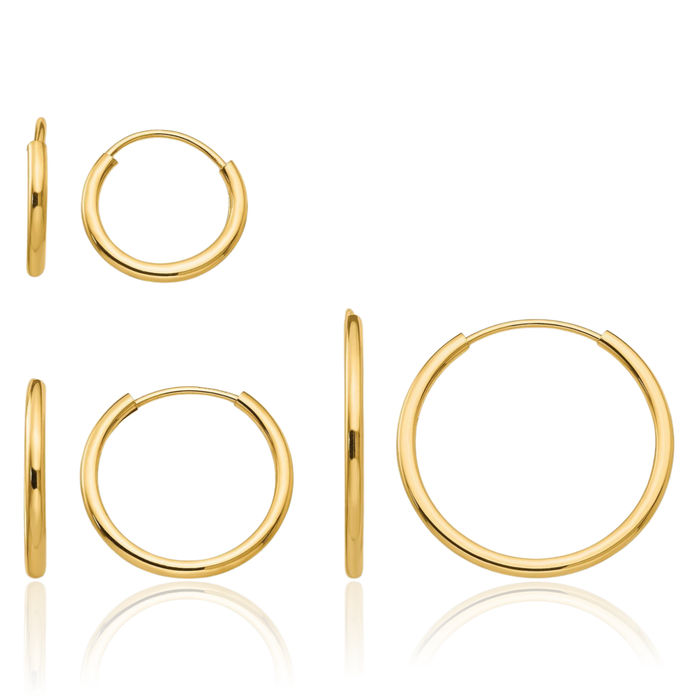 14K Solid Yellow Gold Endless Hoop Earrings 3 Pair Set