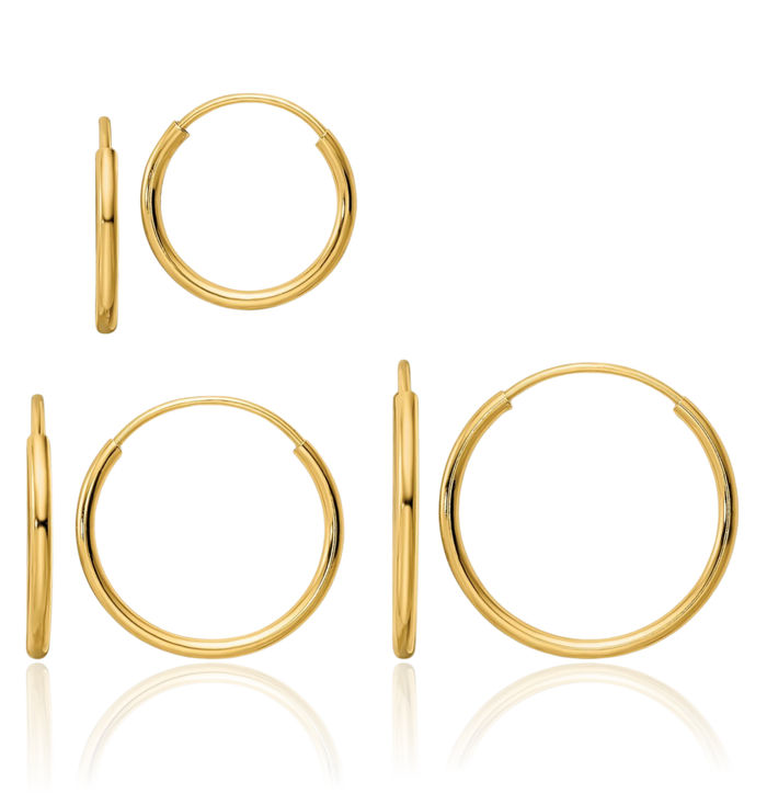 14K Solid Yellow Gold Endless Medium Hoop Earrings 3-piece Set