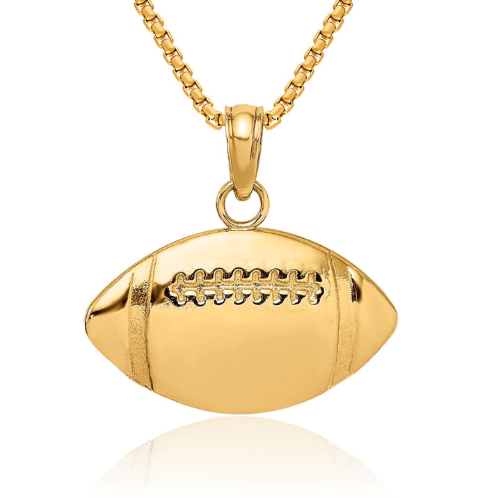 14K Solid Yellow Gold Engraveable Football Necklace Charm Sports Pendant