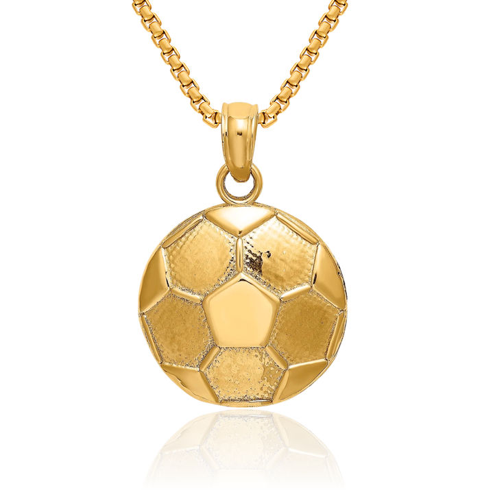 14K Solid Yellow Gold Engraveable Soccer Ball Necklace Charm Sports Pendant