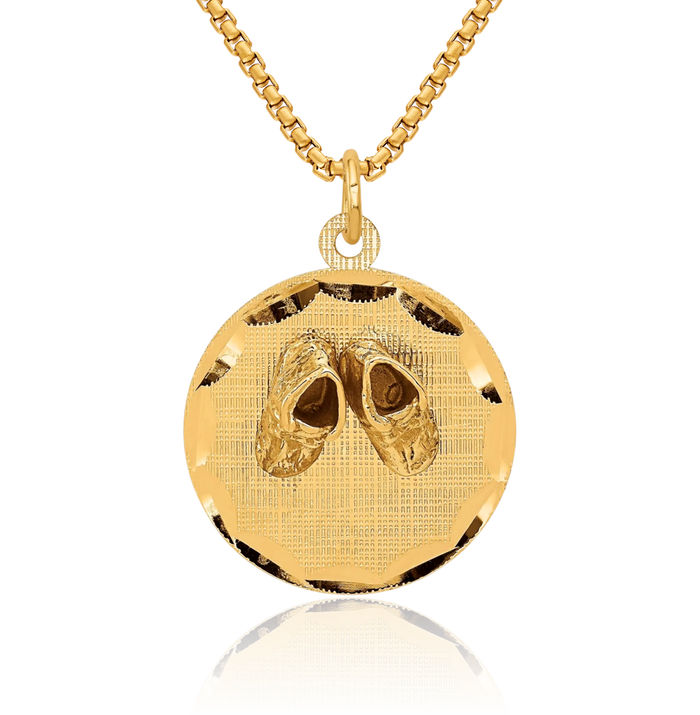 14K Solid Yellow Gold Engraved Personalized Shoes Disc Necklace Chain Pendant Charm