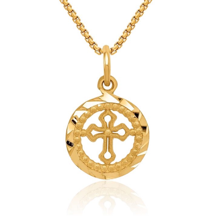 14K Solid Yellow Gold Eternal Life Holy Cross Circle Round Necklace Religious Chain Pendant Jesus Christ Charm