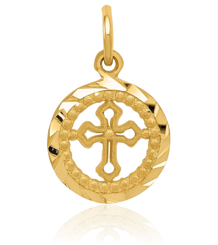 14K Solid Yellow Gold Eternal Life Holy Cross Circle Round Necklace Religious Chain Pendant Jesus Christ Charm