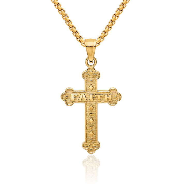 14K Solid Yellow Gold Faith Holy Cross Necklace Religious Chain Pendant Jesus Christ Charm