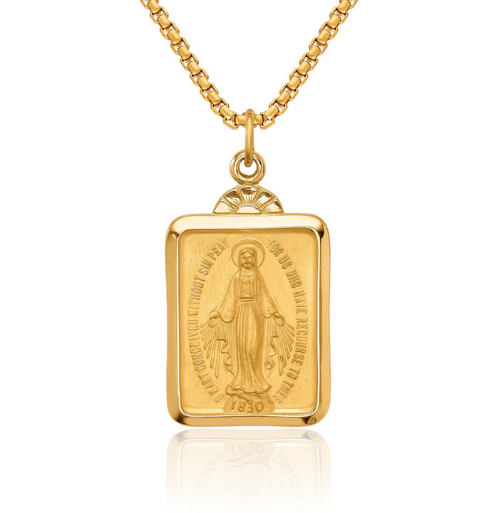 14K Solid Yellow Gold Fan Our Lady of Miraculous Medal Blessed Virgin Mary Necklace Chain Pendant Charm