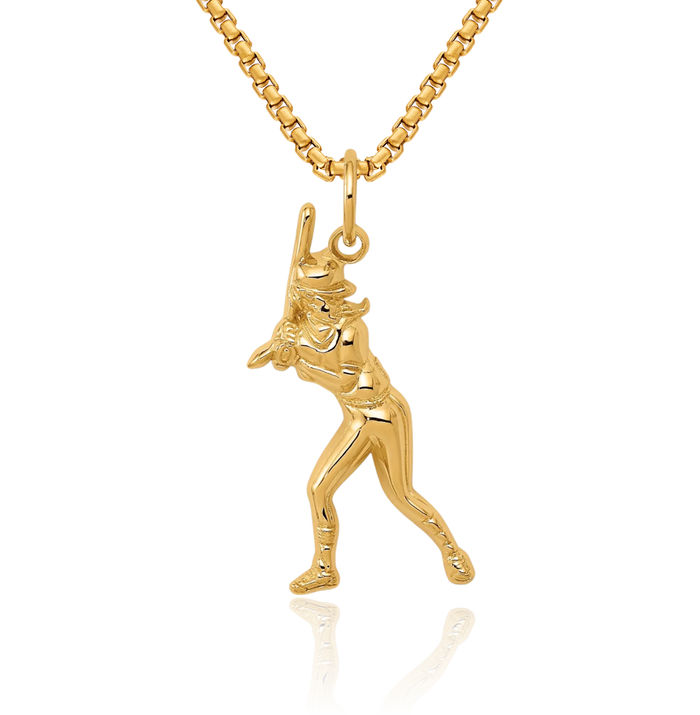 14K Solid Yellow Gold Female Baseball Batter Necklace Softball Charm Sports Pendant