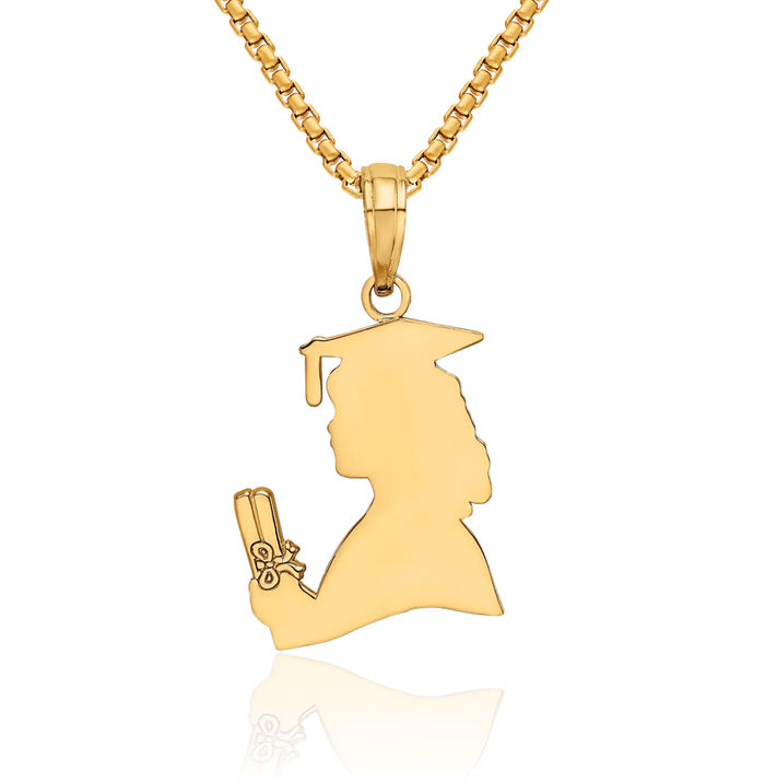 14K Solid Yellow Gold Female Graduation Profile Diploma Necklace Chain Pendant Charm