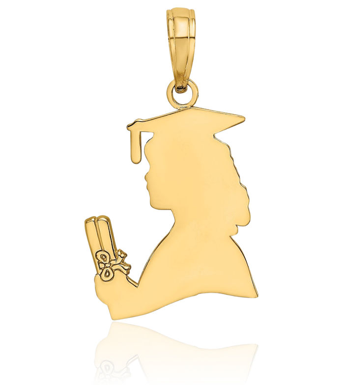 14K Solid Yellow Gold Female Graduation Profile Diploma Necklace Chain Pendant Charm