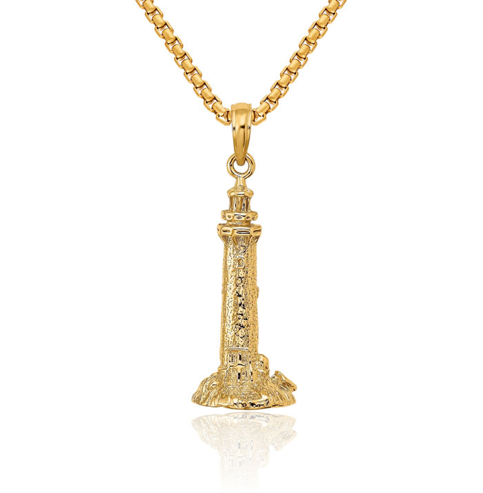 14K Solid Yellow Gold Fenwick Island Lighthouse De Necklace Chain Pendant Charm