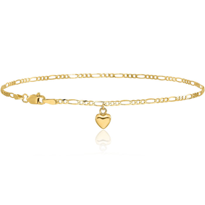 14K Solid Yellow Gold Figaro Link Dangling Heart Anklet Summer Beach Foot Ankle Bracelet