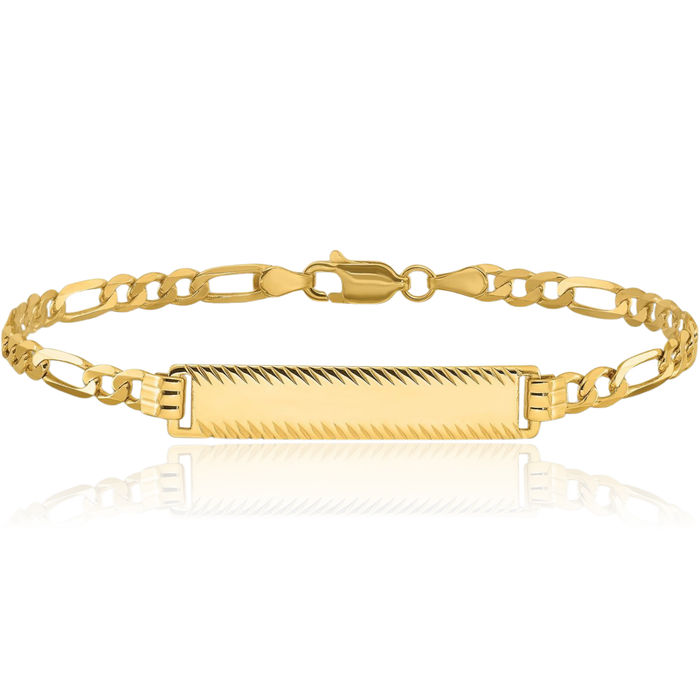 14K Solid Yellow Gold Figaro Link Name Bar Identification ID Bracelet