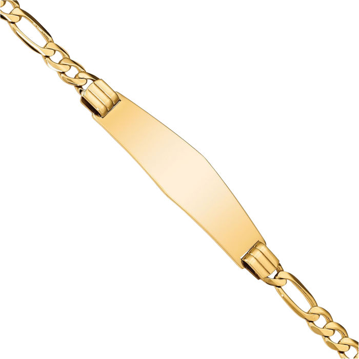 14K Solid Yellow Gold Figaro Link Soft Name Bar Identification ID Bracelet