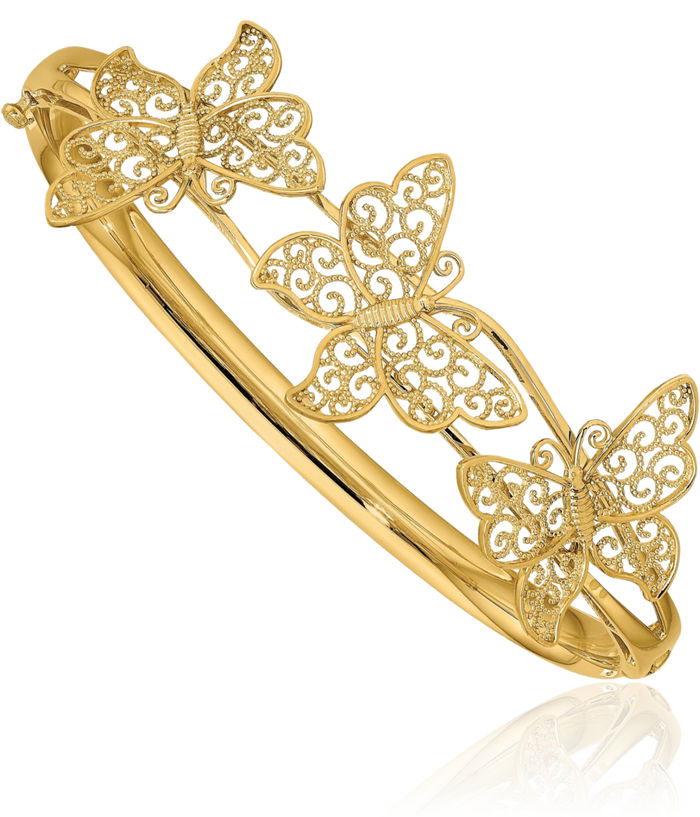 14K Solid Yellow Gold Filgree Butterfly Wings Bangle Charm Bracelet