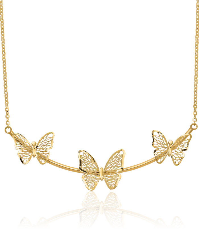 14K Solid Yellow Gold Antique Filigree 3 Butterfly Wings Bar Chain Necklace