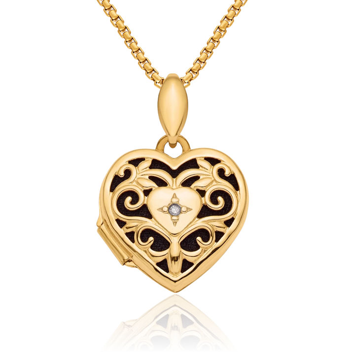 14K Solid Yellow Gold Antique Filigree Black Diamond Heart Personalized Photo Locket Necklace Picture Pendant Charm