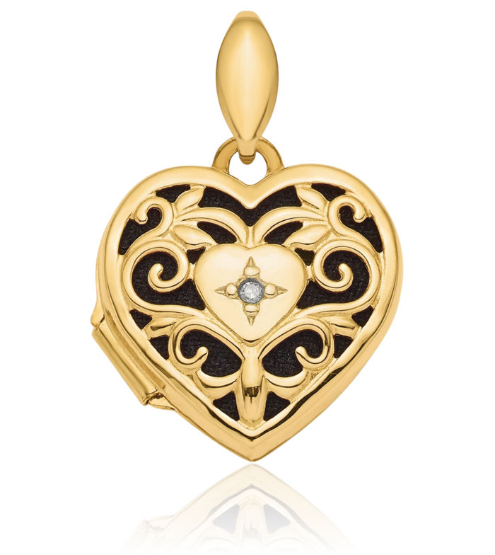 14K Solid Yellow Gold Antique Filigree Black Diamond Heart Personalized Photo Locket Necklace Picture Pendant Charm