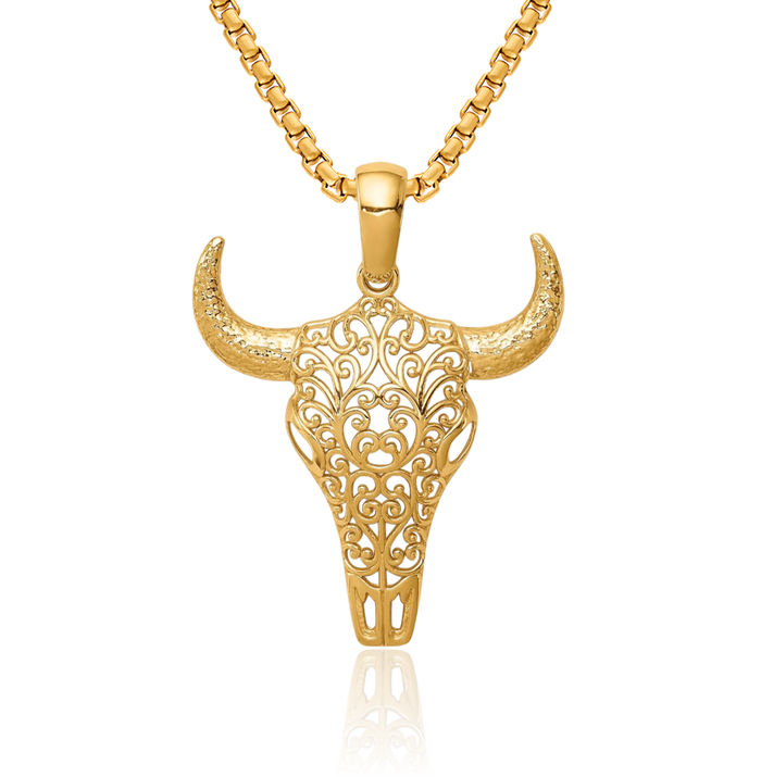 14K Solid Yellow Gold Antique Filigree Buffalo Bull Head Skull Necklace Chain Pendant Charm