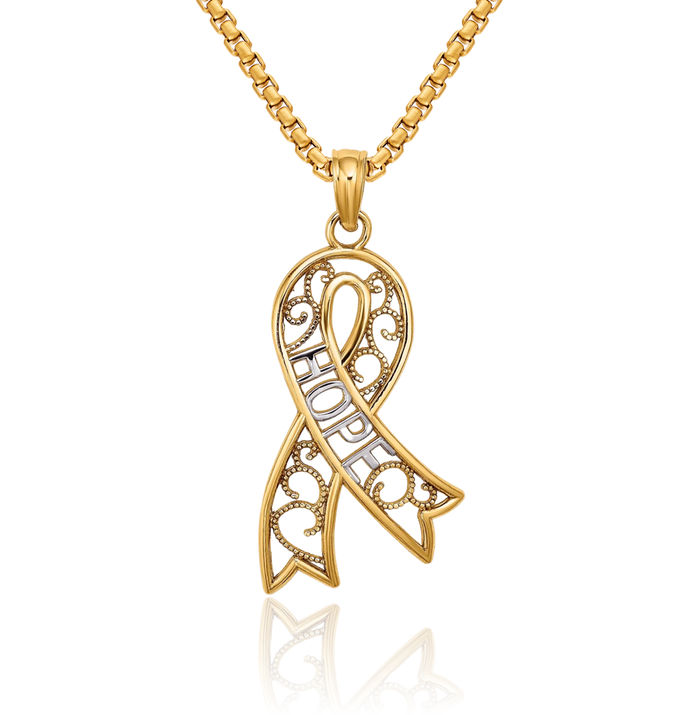 14K Solid Yellow Gold Antique Filigree Cancer Awareness Ribbon Hope Necklace Chain Pendant Charm
