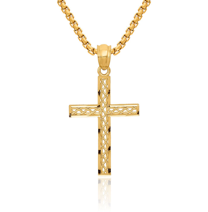 14K Solid Yellow Gold Antique Filigree Latin Mexican Holy Cross Necklace Religious Chain Pendant Jesus Christ Charm