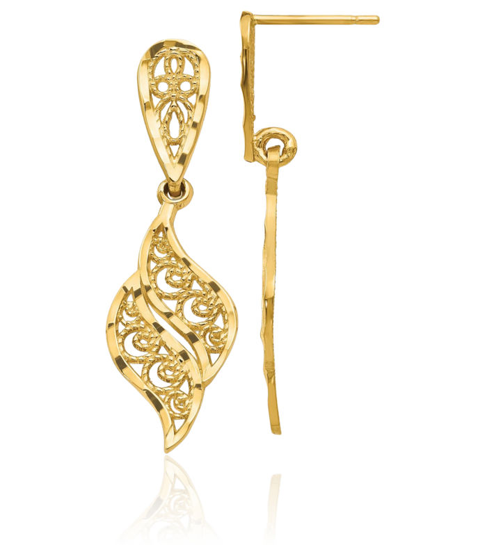 14K Solid Yellow Gold Antique Filigree Drop Dangle Earrings