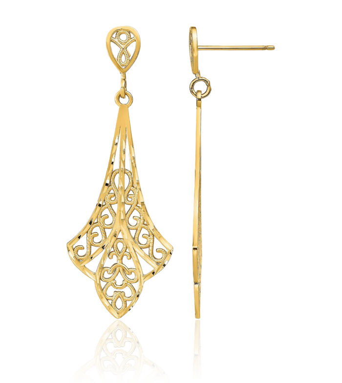 14K Solid Yellow Gold Antique Filigree Drop Dangle Earrings