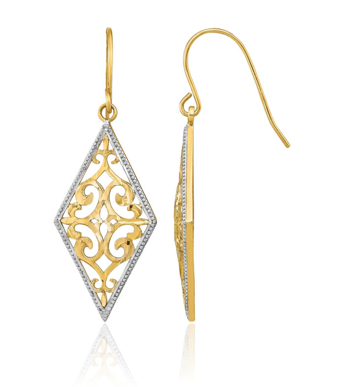 14K Solid Yellow Gold Antique Filigree Drop Dangle Earrings