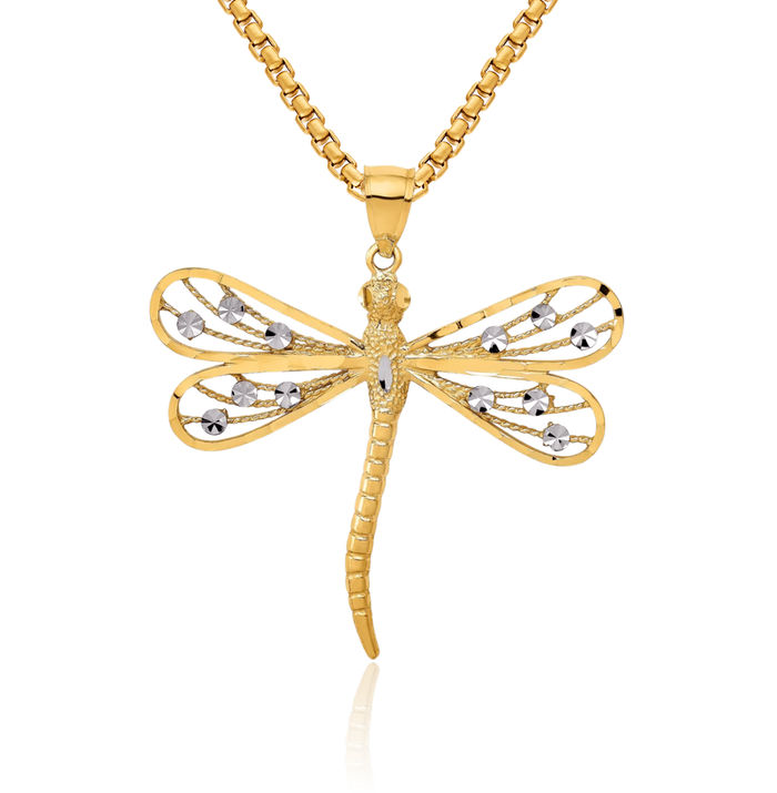 14K Solid Yellow Gold Antique Filigree Dragonfly Necklace Chain Pendant Charm