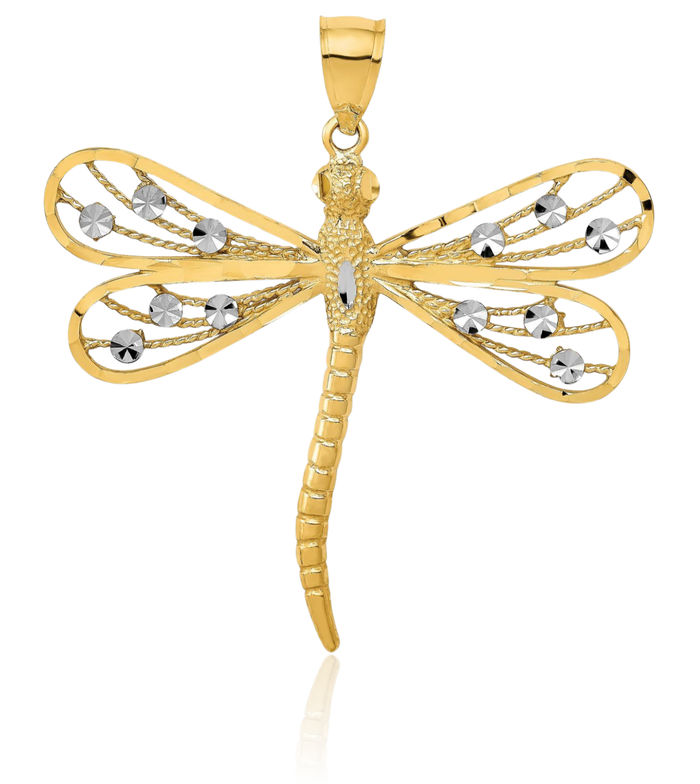 14K Solid Yellow Gold Antique Filigree Dragonfly Necklace Chain Pendant Charm