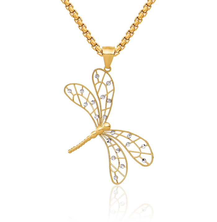 14K Solid Yellow Gold Antique Filigree Dragonfly Necklace Chain Pendant Charm