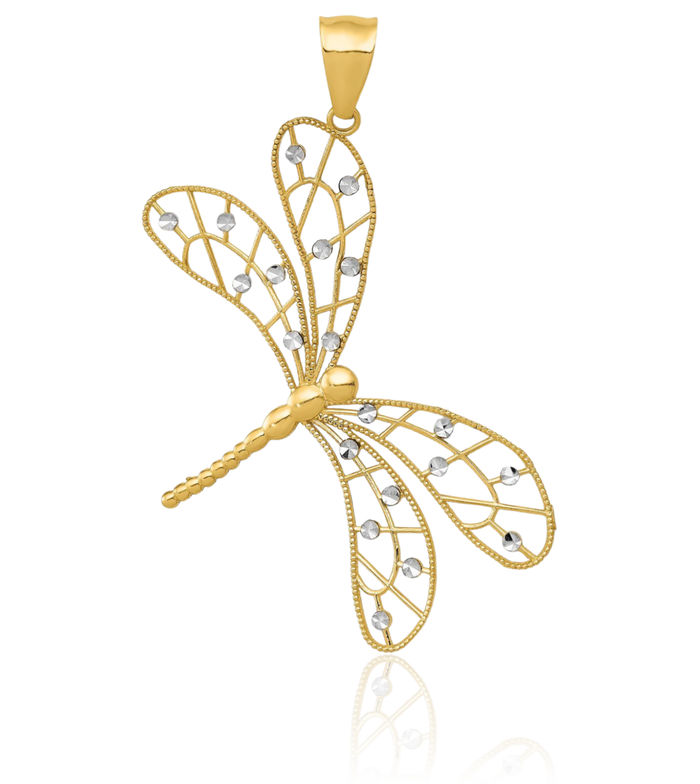 14K Solid Yellow Gold Antique Filigree Dragonfly Necklace Chain Pendant Charm