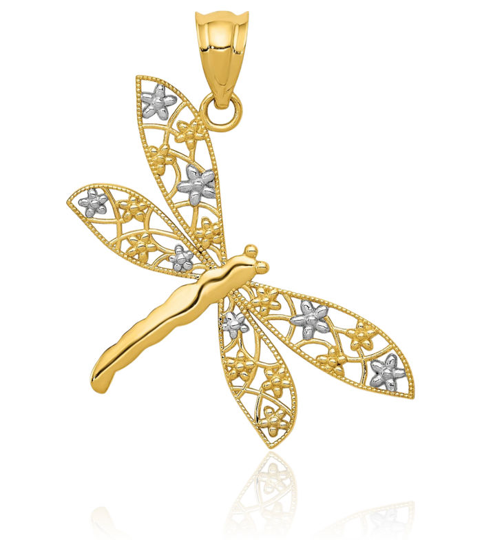 14K Solid Yellow Gold Antique Filigree Dragonfly Necklace Chain Pendant Charm