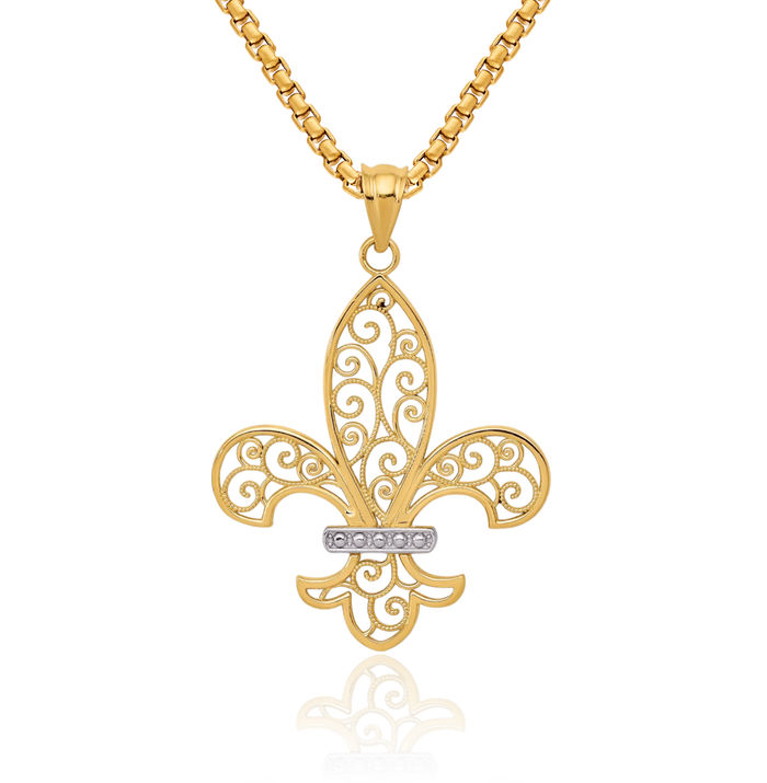 14K Solid Yellow Gold Antique Filigree French Fleur De Lis Lily Flower Necklace Religious Chain Pendant Saint Charm