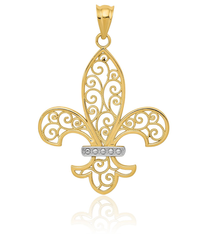 14K Solid Yellow Gold Antique Filigree French Fleur De Lis Lily Flower Necklace Religious Chain Pendant Saint Charm