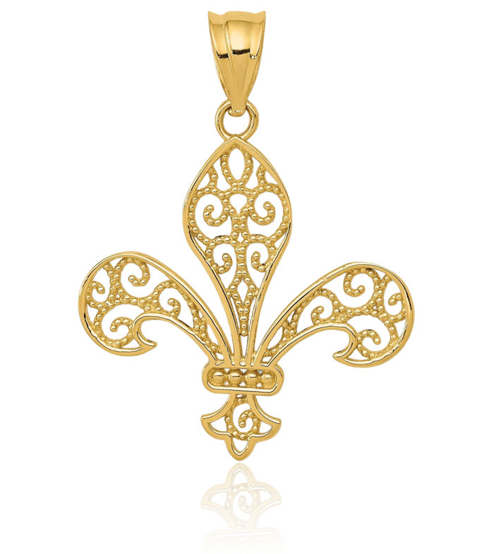 14K Solid Yellow Gold Antique Filigree French Fleur De Lis Lily Flower Necklace Religious Chain Pendant Saint Charm