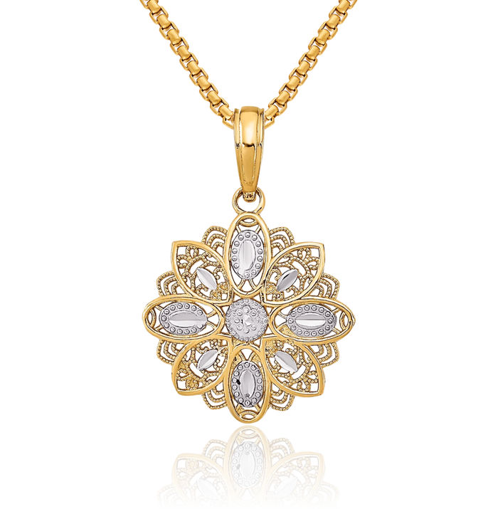 14K Solid Yellow Gold Antique Filigree Flower Necklace Chain Pendant Charm