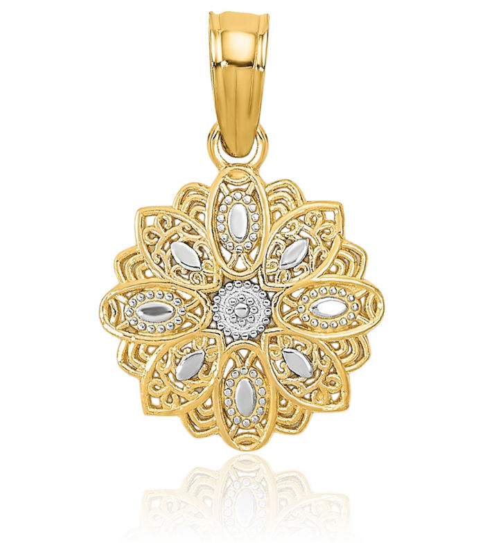 14K Solid Yellow Gold Antique Filigree Flower Necklace Chain Pendant Charm