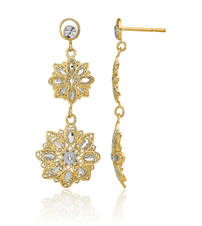 14K Solid Yellow Gold Antique Filigree Flower Post Drop Dangle Earrings