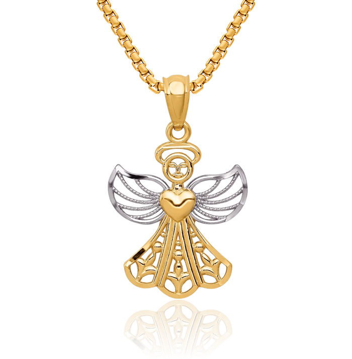 14K Solid Yellow Gold Antique Filigree Guardian Angel Wings Necklace Protect Us Cherub Pendant Religious Charm