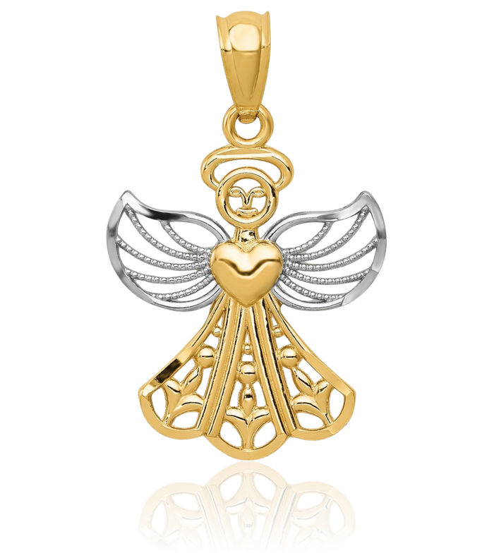 14K Solid Yellow Gold Antique Filigree Guardian Angel Wings Necklace Protect Us Cherub Pendant Religious Charm