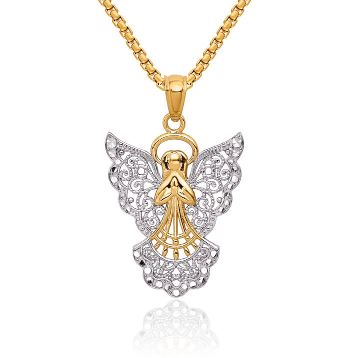 14K Solid Yellow Gold Antique Filigree Guardian Angel Wings Necklace Protect Us Cherub Pendant Religious Charm