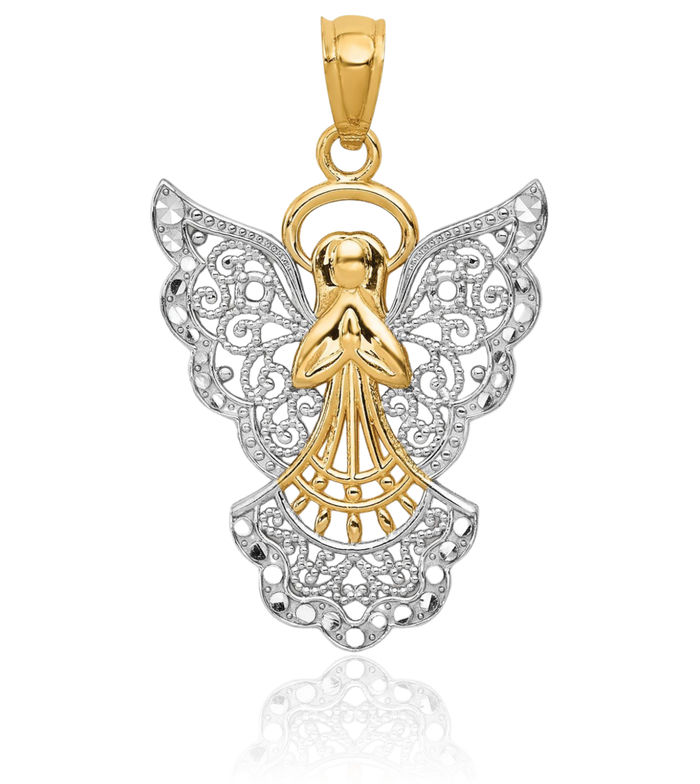 14K Solid Yellow Gold Antique Filigree Guardian Angel Wings Necklace Protect Us Cherub Pendant Religious Charm