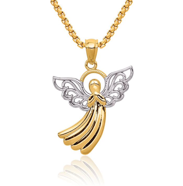 14K Solid Yellow Gold Antique Filigree Guardian Angel Wings Necklace Protect Us Cherub Pendant Religious Charm