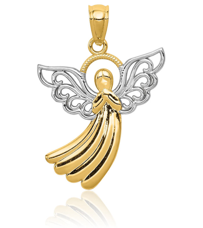 14K Solid Yellow Gold Antique Filigree Guardian Angel Wings Necklace Protect Us Cherub Pendant Religious Charm